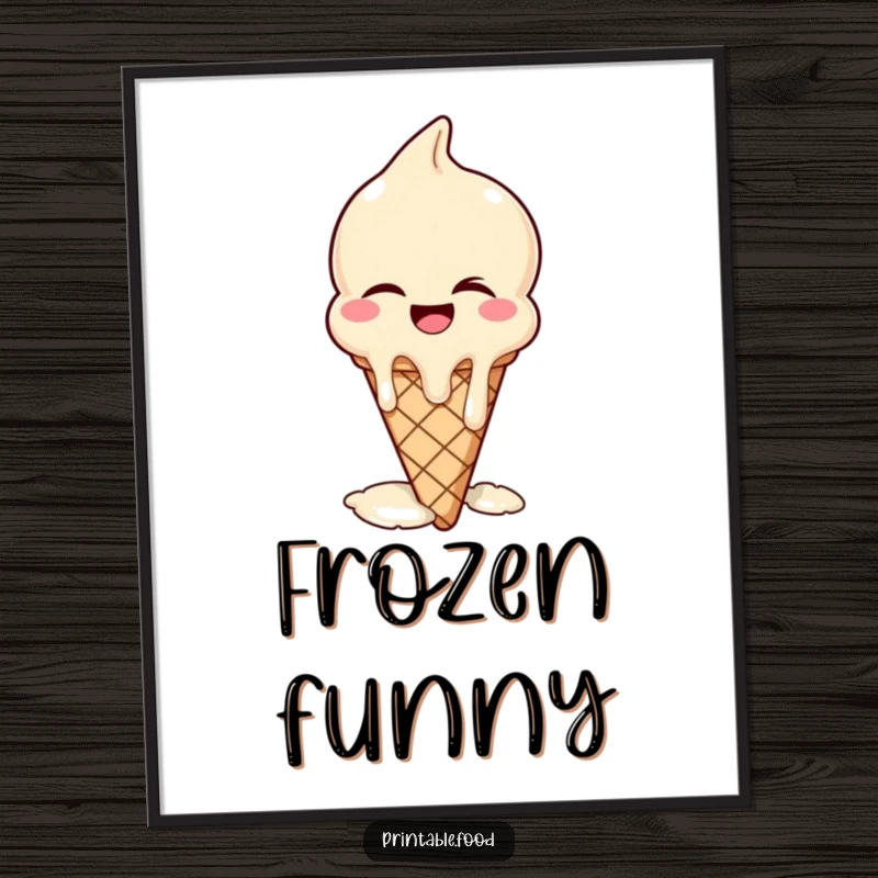 Funny digital art print of a winking ice cream cone melting with laughter, ideal for immediate download and humorous decor.