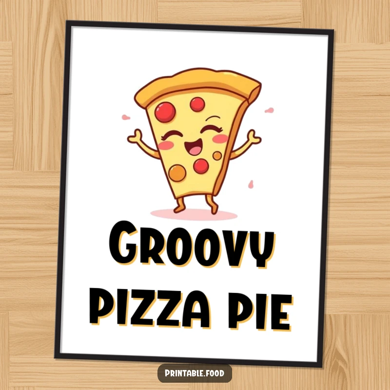 Funny Digital Art print of a winking pizza slice character in a dynamic, silly dance pose, full of motion.