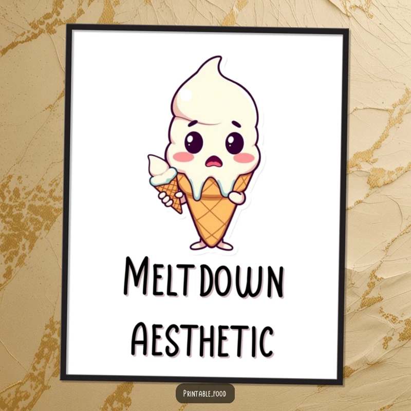 Funny digital art print of a surprised melting ice cream cone character, offering instant humorous decor and a great gift.