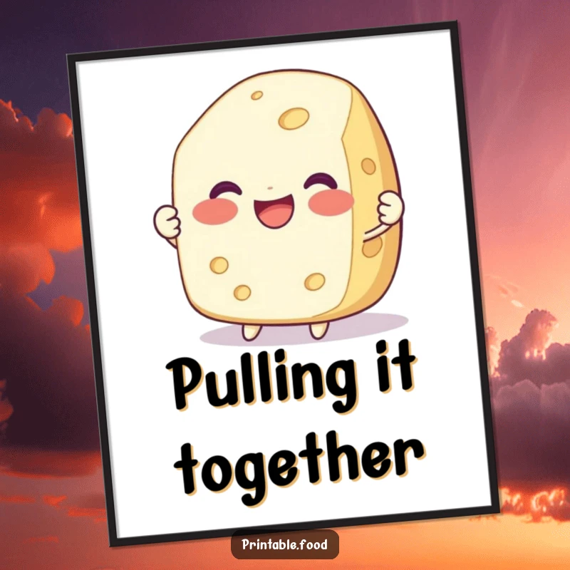 Funny digital art print of a delighted, smiling cheese character being pulled apart, a humorous piece to download.
