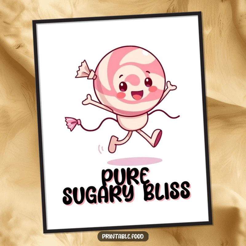 Funny cheerful candy digital art print of a character skipping with joy, wrappers trailing, instantly downloadable for fun.