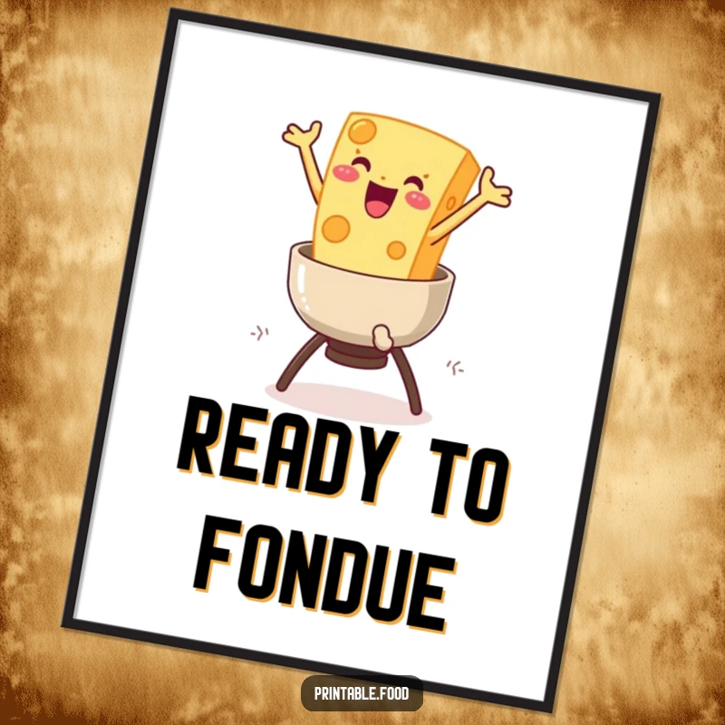 Funny Cheese Fondue Digital Art: A delighted cheese character leaps into a fondue pot, offering instant cheesy charm and humor.