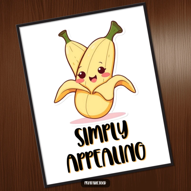 Funny digital art print of a smiling banana character peeling itself with a mischievous expression, perfect for vibrant, humorous decor.