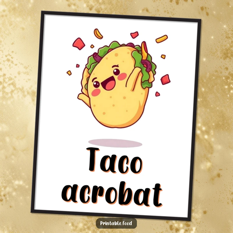 Funny digital art print of a delighted taco character somersaulting with flying toppings, offering instant fiesta humor.