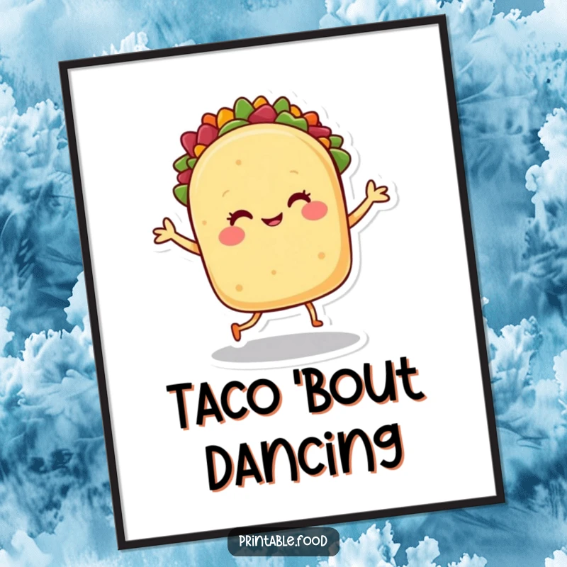 Funny digital art print: A smiling taco character dances with joyful abandon, a colorful and festive illustration.