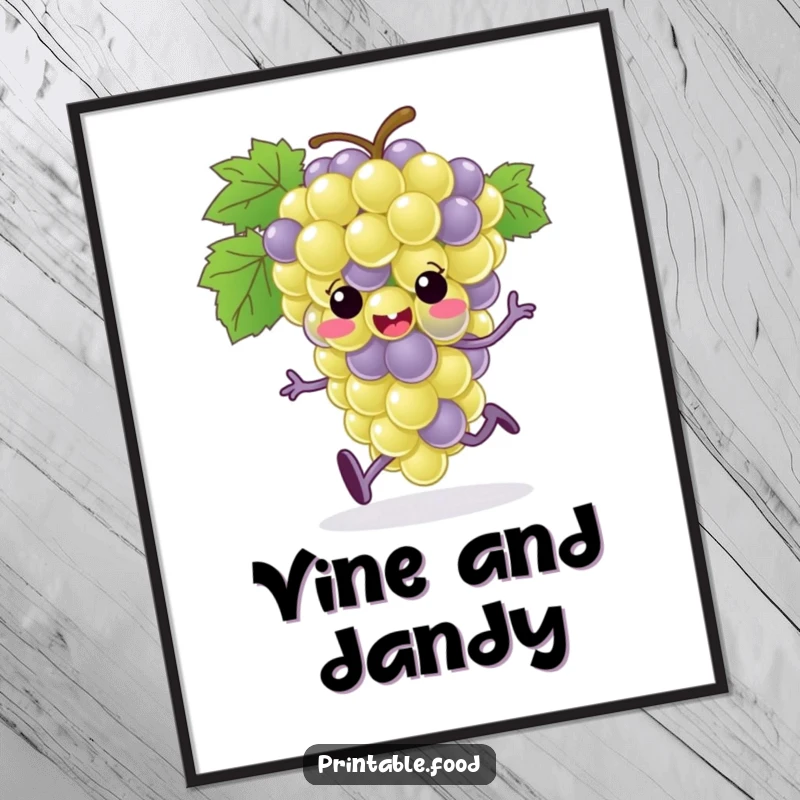 Funny grape bunch character with tiny feet running with energy, presented as a digital art print for humorous and lively decor.