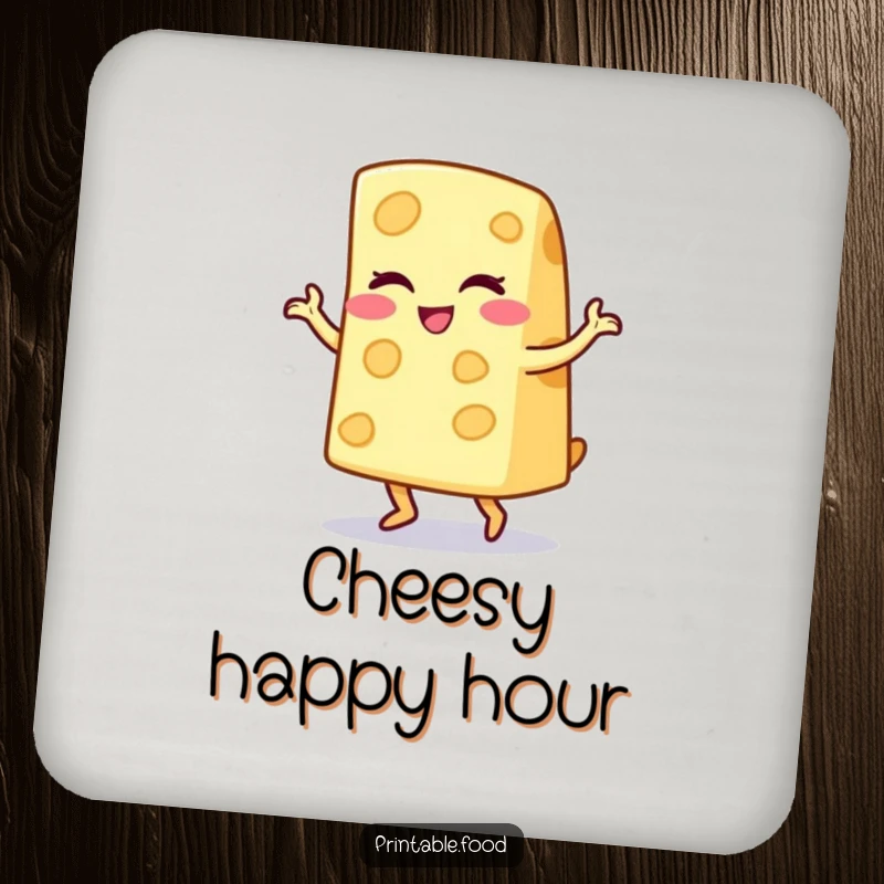 Funny drink coaster showing a winking cheese wedge character doing a playful jig, adding a humorous touch to drink placement.