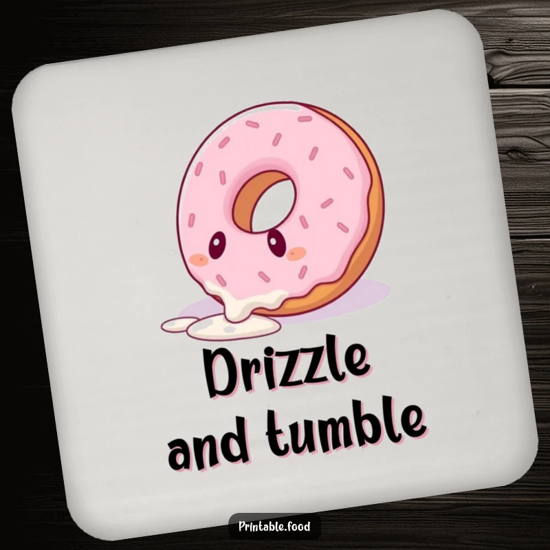 Funny coaster depicting a donut character comically tripping over its icing drizzle, adding a humorous touch to drink protection.