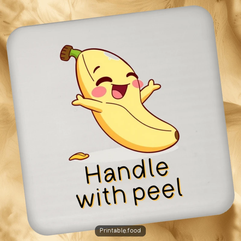 Funny coaster: A laughing banana character comically slips on its own peel, adding a humorous touch to beverage service.
