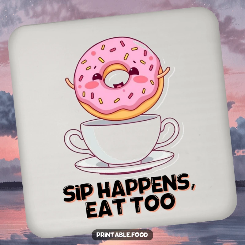 Funny Drink Coasters showcasing a giggling donut with sprinkles jumping over a teacup, adding a sweet touch.