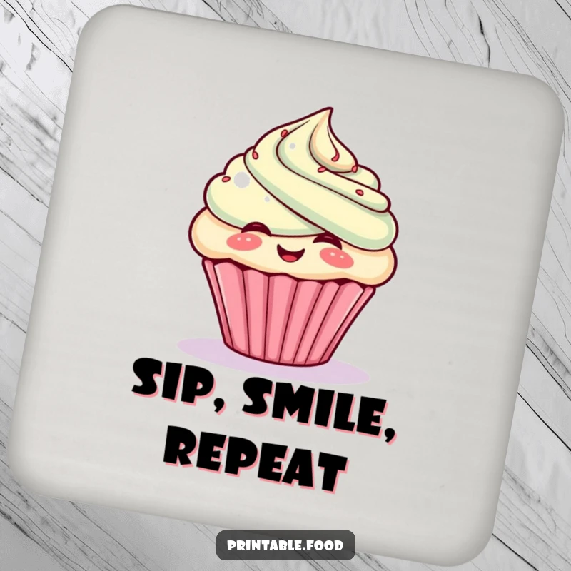 Funny coaster featuring a giggling cupcake character puffing out frosting, protecting surfaces with sweetness.