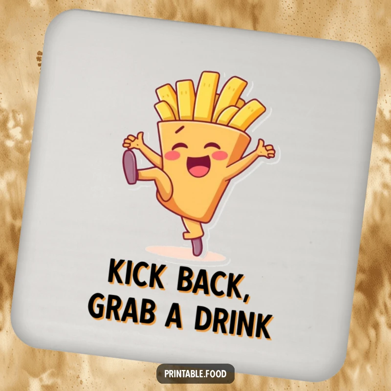 Funny coaster set featuring a delighted french fry character in a high-kick pose, adding humor and protecting surfaces.