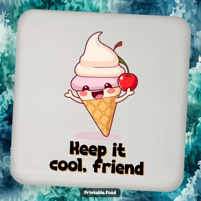 Funny ice cream cone coaster featuring a playful character with a bouncing cherry, perfect for protecting furniture.