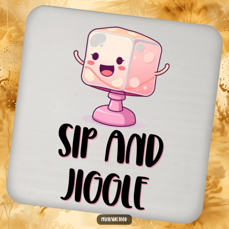Funny drink coaster showcasing a wobbly jelly cube bouncing excitedly, adding a touch of humorous, playful energy.