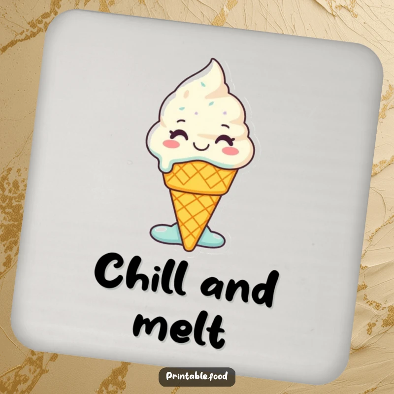 Funny Ice Cream Coaster: A smiling ice cream cone character melts with glee, designed for humorous and sweet drink protection.