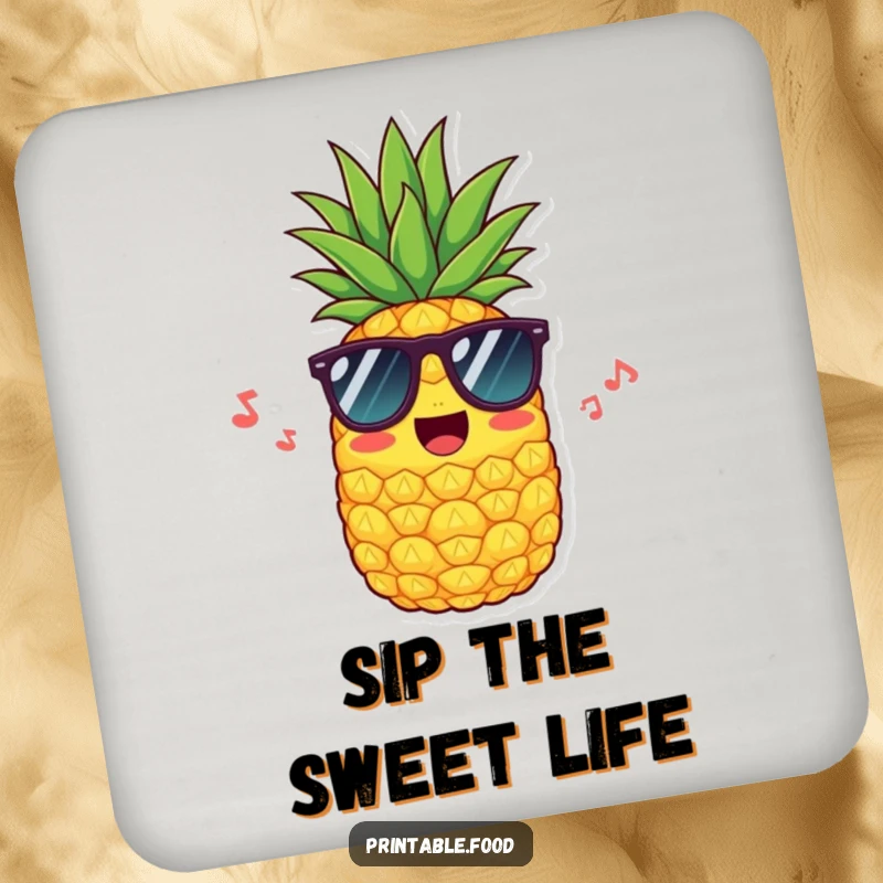 Funny drink coaster featuring a cool pineapple in sunglasses, humming, offering tropical charm and surface protection with its delightful design.
