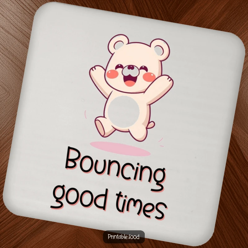 Funny coaster featuring a playful gummy bear character bouncing like a spring, protecting surfaces with fun.