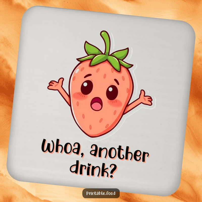 Funny surprised strawberry character with tiny arms outstretched on drink coasters, protecting surfaces with fruity humor.