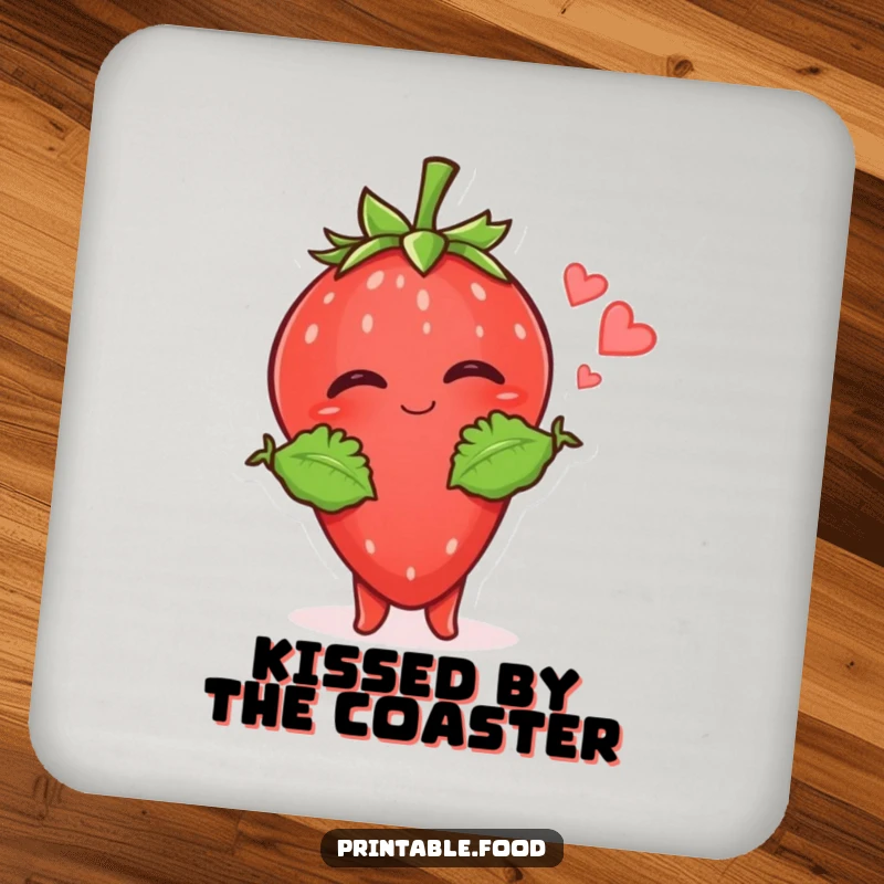 Funny Strawberry Kiss Coaster: A giggling strawberry with leafy arms sends a kiss, protecting your surfaces with adorable sweetness.