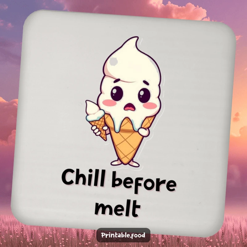 Funny coaster with a surprised melting ice cream cone character, protecting surfaces with a humorous and charming design.