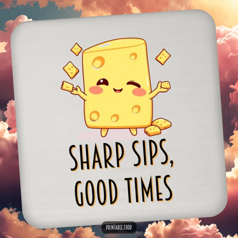 Funny drink coaster showing a winking cheese wedge character juggling crackers, protecting surfaces with a humorous, cheesy touch.