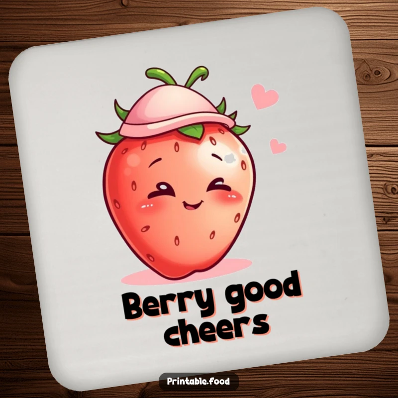 Funny coaster with a mischievous strawberry character wearing a hat and winking, protecting surfaces with humor.