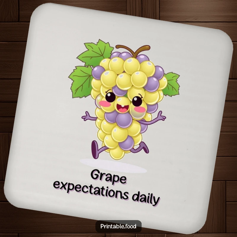 Funny grape bunch character with tiny feet running across a drink coaster, protecting surfaces with a humorous touch.