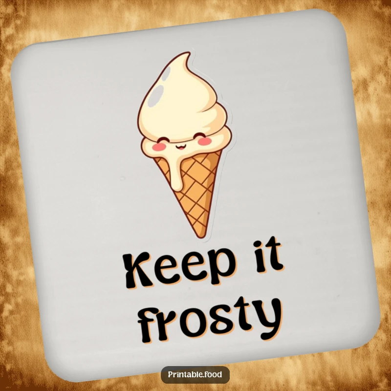 Funny drink coaster featuring a giggling, melting ice cream cone, offering sweet charm and surface protection with its delightful design.