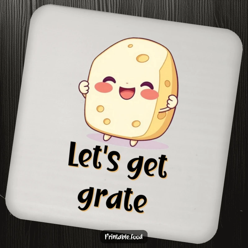 Funny drink coaster depicting a delighted, smiling cheese character being pulled apart, adding humorous protection.