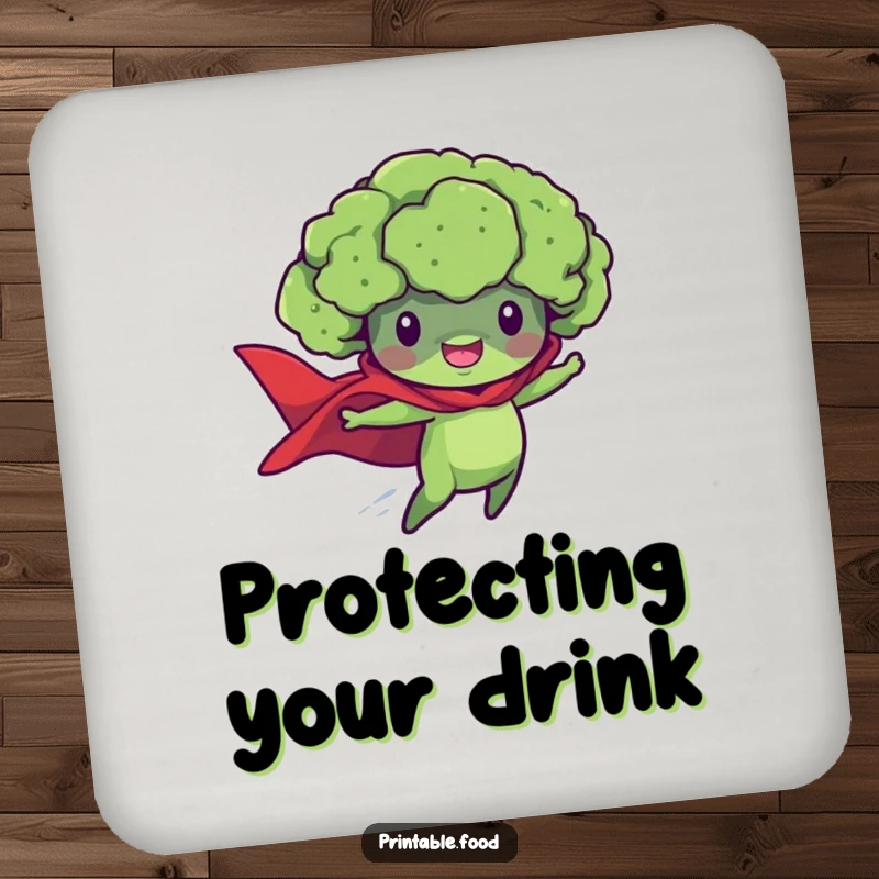 Funny drink coaster depicting a determined broccoli floret superhero in flight, protecting surfaces with a smile.