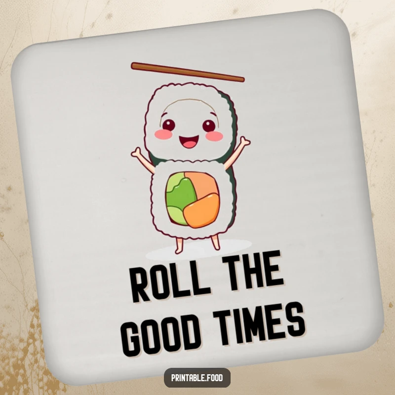 Funny Coaster with a smiling sushi roll in a handstand, chopsticks ready, a quirky kitchen accessory.