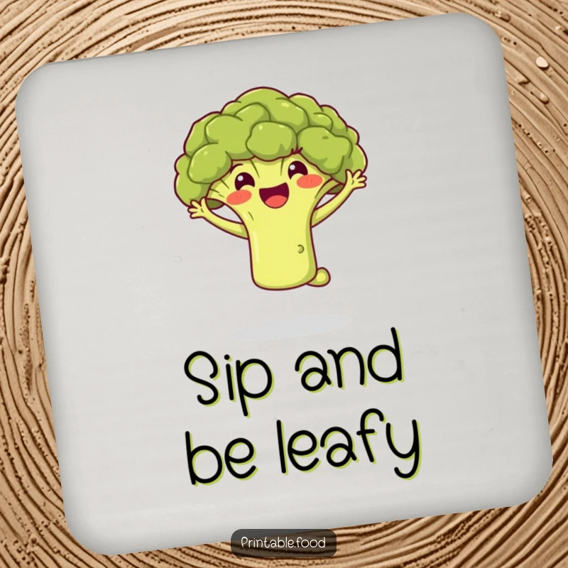 Funny drink coaster featuring a happy broccoli floret in a dynamic jump, protecting surfaces with a splash of vibrant, humorous charm.