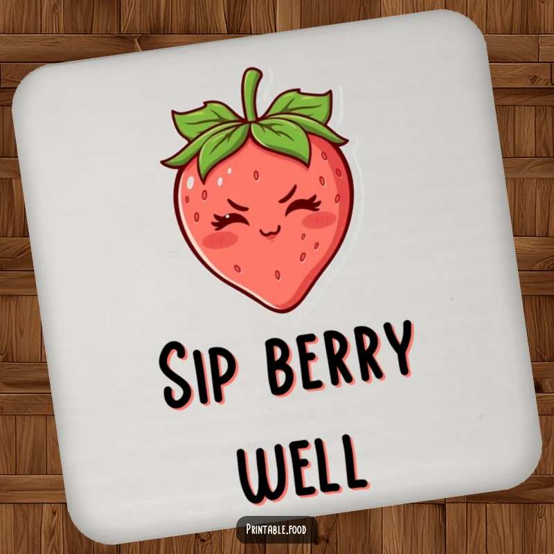 Funny Strawberry Coaster: A cheerful strawberry character with a determined wink, designed for humorous and sweet drink protection.