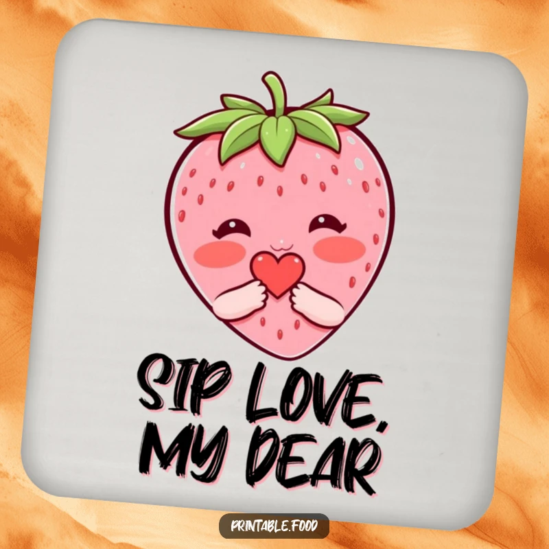 Funny drink coaster depicting a blushing strawberry character shyly offering a tiny heart, adding sweet and humorous protection.