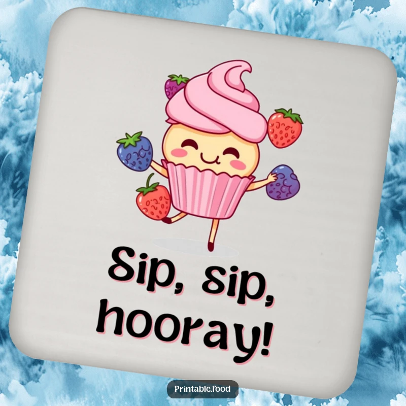 Funny cupcake character giggling while juggling berries, on a drink coaster, adding sweet humor and playfulness to the table.