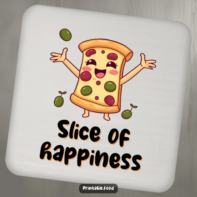 Funny coaster depicting a pizza slice character catching falling olives, adding a humorous touch to drink protection.