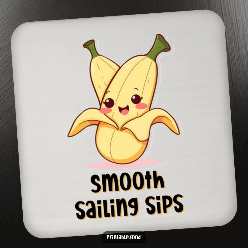 Funny drink coaster showing a smiling banana character peeling itself with a mischievous expression, protecting surfaces with humor.