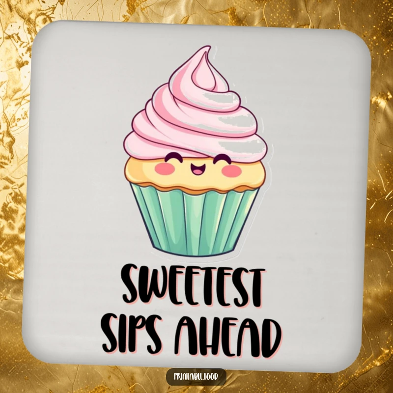 Funny drink coaster with a playful cupcake character, its frosting in a comical state of rising and falling, protecting furniture with humor.