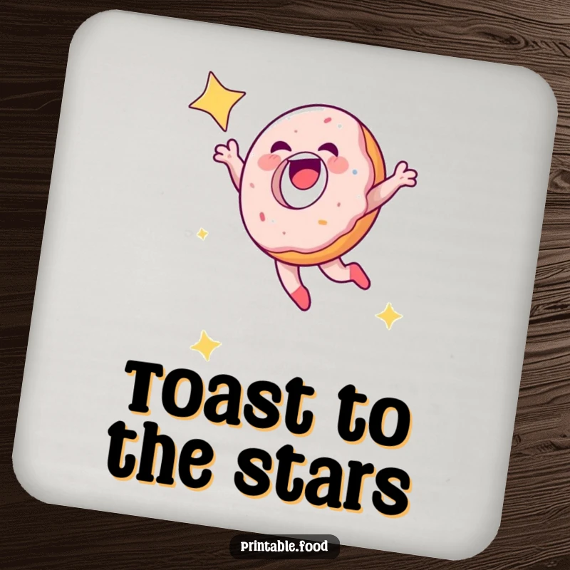Funny laughing doughnut leaping into a starry sky on drink coasters, protecting surfaces with sweet humor.