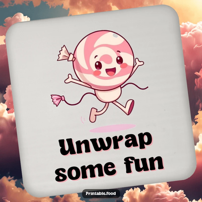 Funny cheerful candy coaster featuring a character skipping joyfully, wrappers trailing, perfect for protecting furniture.