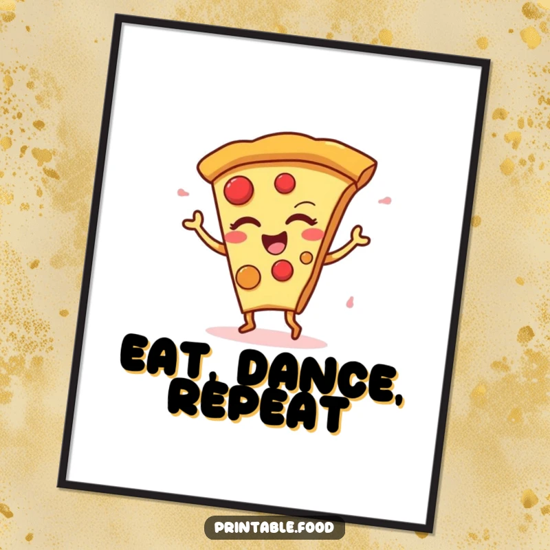 Funny Poster print of a winking pizza slice character in a dynamic, silly dance pose, radiating fun.