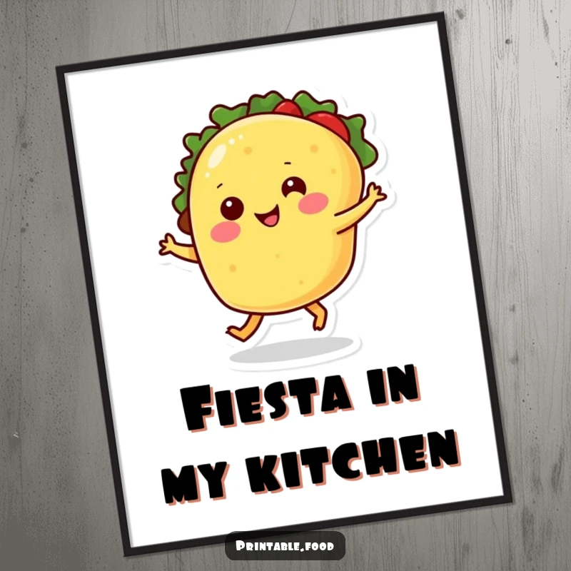 Funny poster art of a smiling taco with legs dancing spiritedly, creating a lively and humorous visual.
