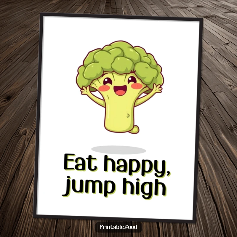 Funny poster depicting a gleeful broccoli floret in a buoyant jump, bringing athletic cheerfulness and vibrant green energy to any room.