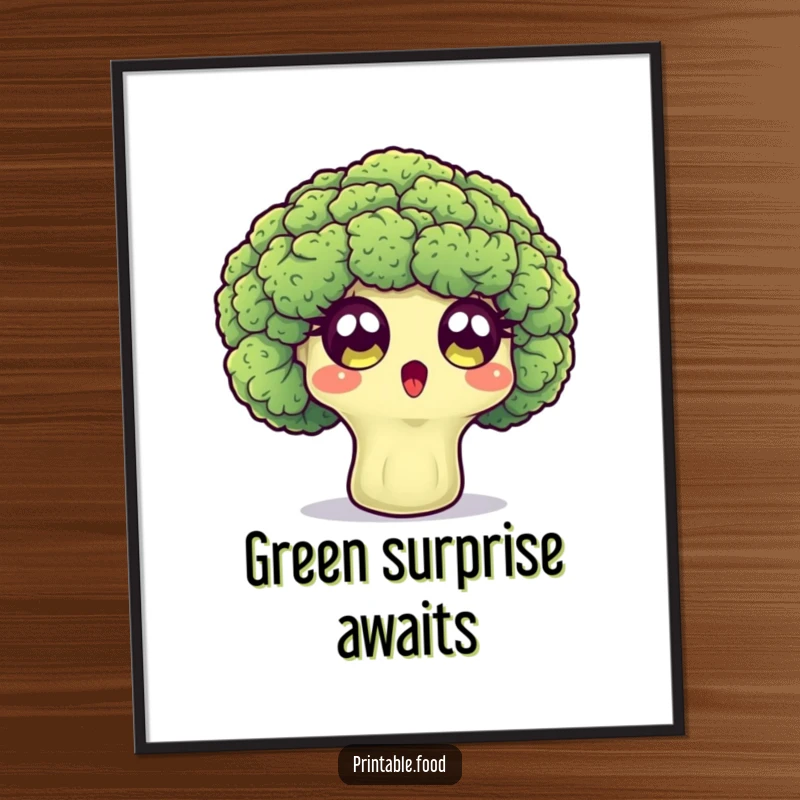 Funny poster featuring a surprised broccoli floret character with wide eyes, vibrant and full of astonishment.