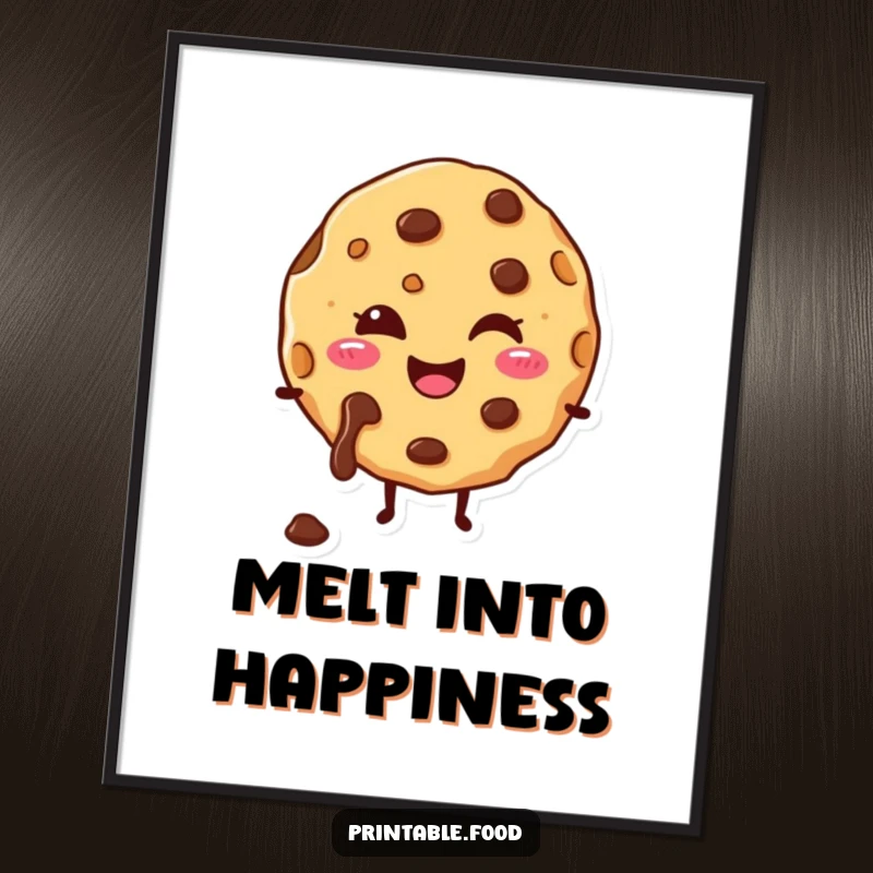 Funny poster featuring a happy cookie character with melting chocolate chips, vibrant and full of joy.