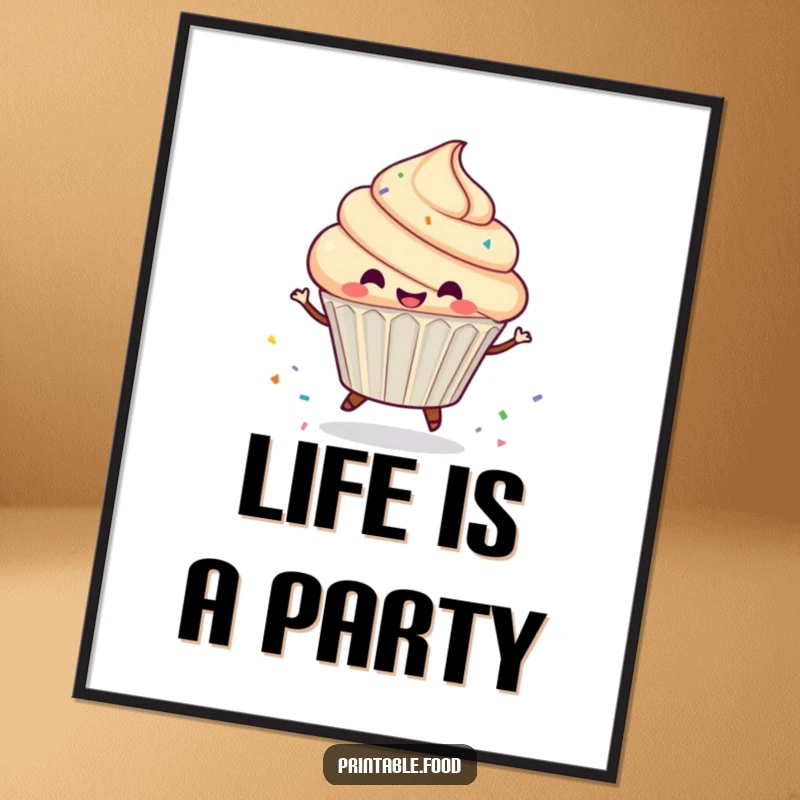 Funny Poster depicting a gleeful cupcake character in a dizzying spin, leaving a delightful, vibrant trail of scattered sprinkles.