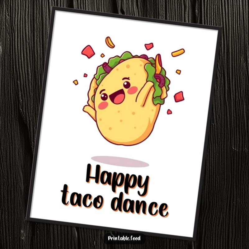 Funny poster of a delighted taco character doing a somersault with flying toppings, vibrant Mexican food art, a great gift.