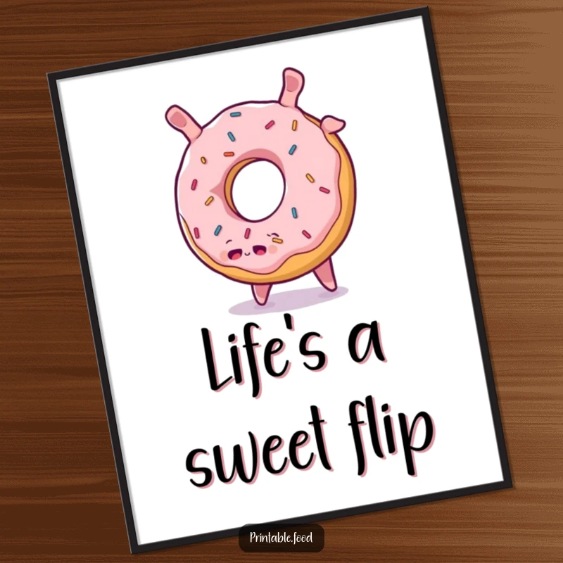 Funny Donut Somersault Art Print: A plump donut with sprinkles performs a cheerful somersault, adding a playful and energetic vibe.