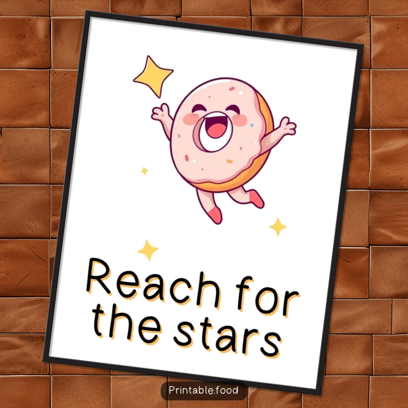 Funny laughing doughnut character leaping into a starry sky, displayed on a poster for enchanting wall decor.