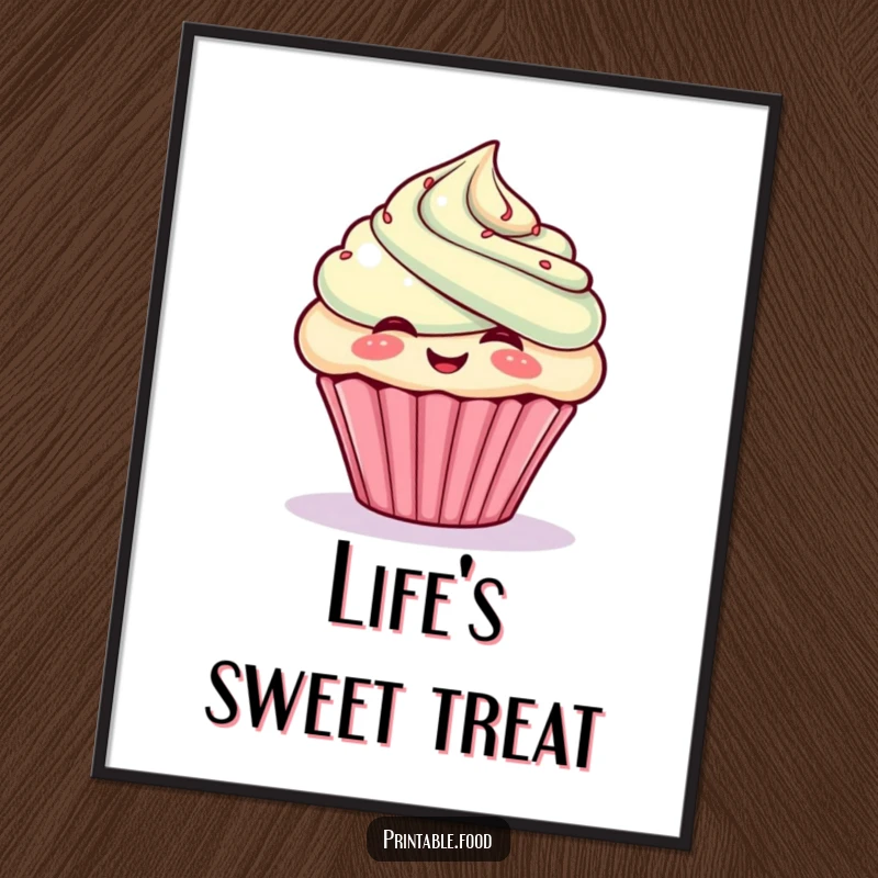 Funny poster of a giggling cupcake character puffing out its frosting with glee, celebrating sweetness.